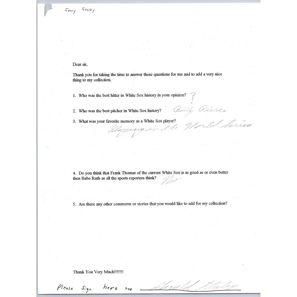 Gerald Staley Signed Chicago White Sox Autograph Baseball Questionnaire Letter